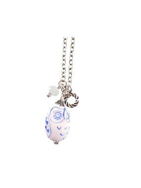 Blue White Owl Pendant Necklace Silver-Tone Chain boho cottage fashion jewelry
